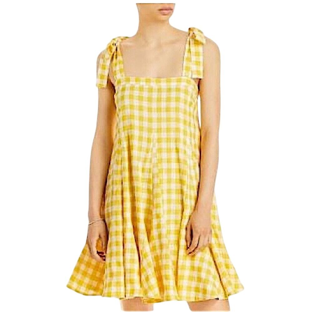 AQUA Butter Yellow Gingham Tie Shoulder Mini Dress S Cottagecore Picniccore